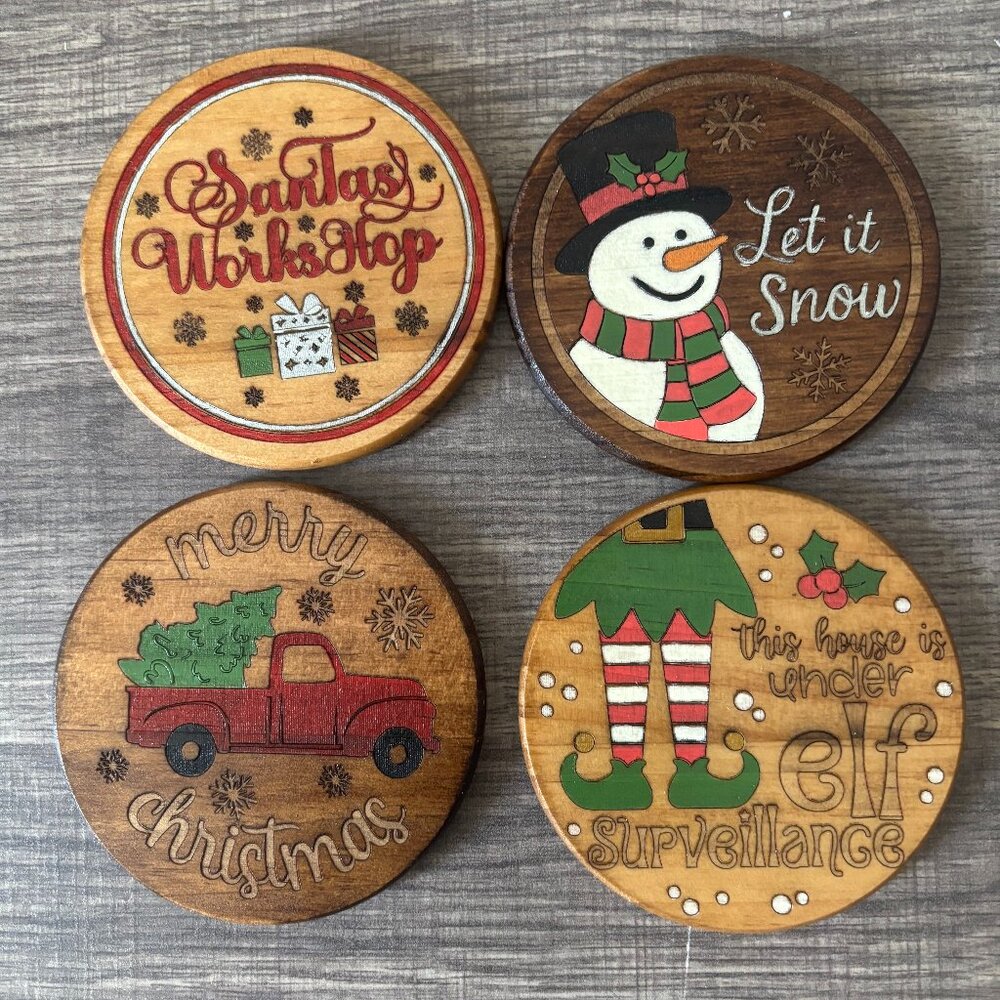 🎄 Christmas Wooden Coaster Set – 4 Pc Hand-Painted Holiday Décor